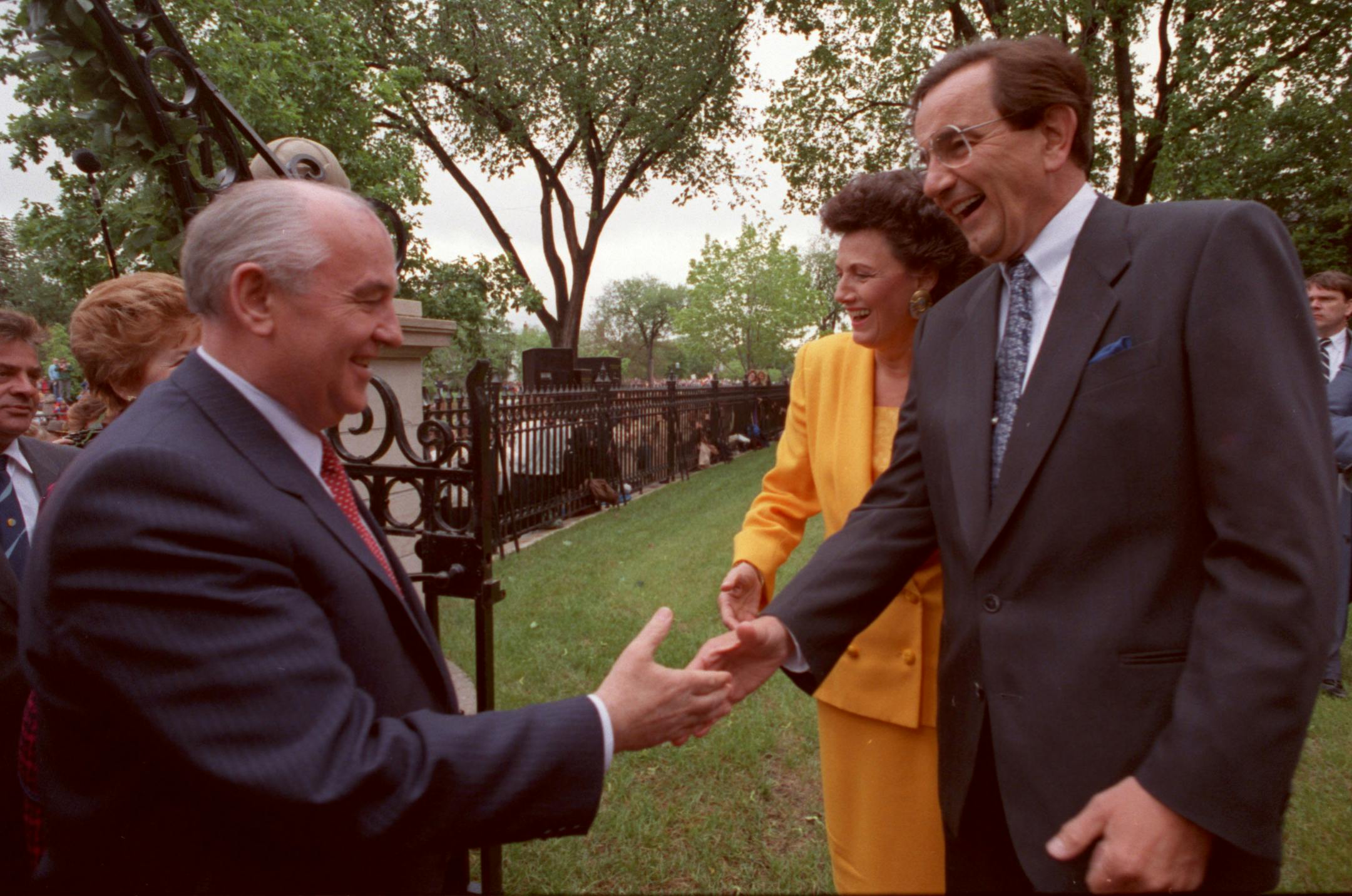 Gov. Rudy Perpich and his wife Lola greet Mikhail Gorbachev at the governor's mansion during Gorbachev's visit in June 1990.