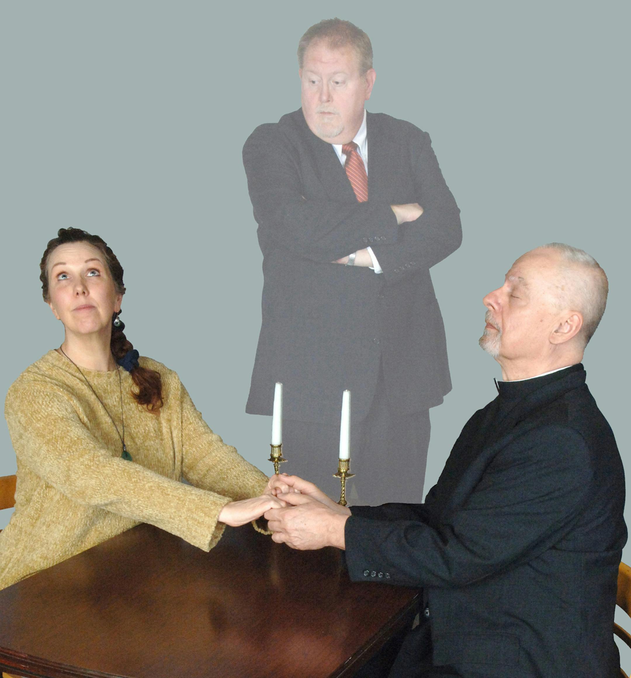 The vicar (Michael Jensen, right) unwittingly summons up the ghost of recently deceased Gordon (David Rinzema), who's determined to hang around and help his wife Beth (Jean Wolff) manage her affairs in Alan Ayckbourn's "Life and Beth" at Theatre in the Round in Minneapolis.