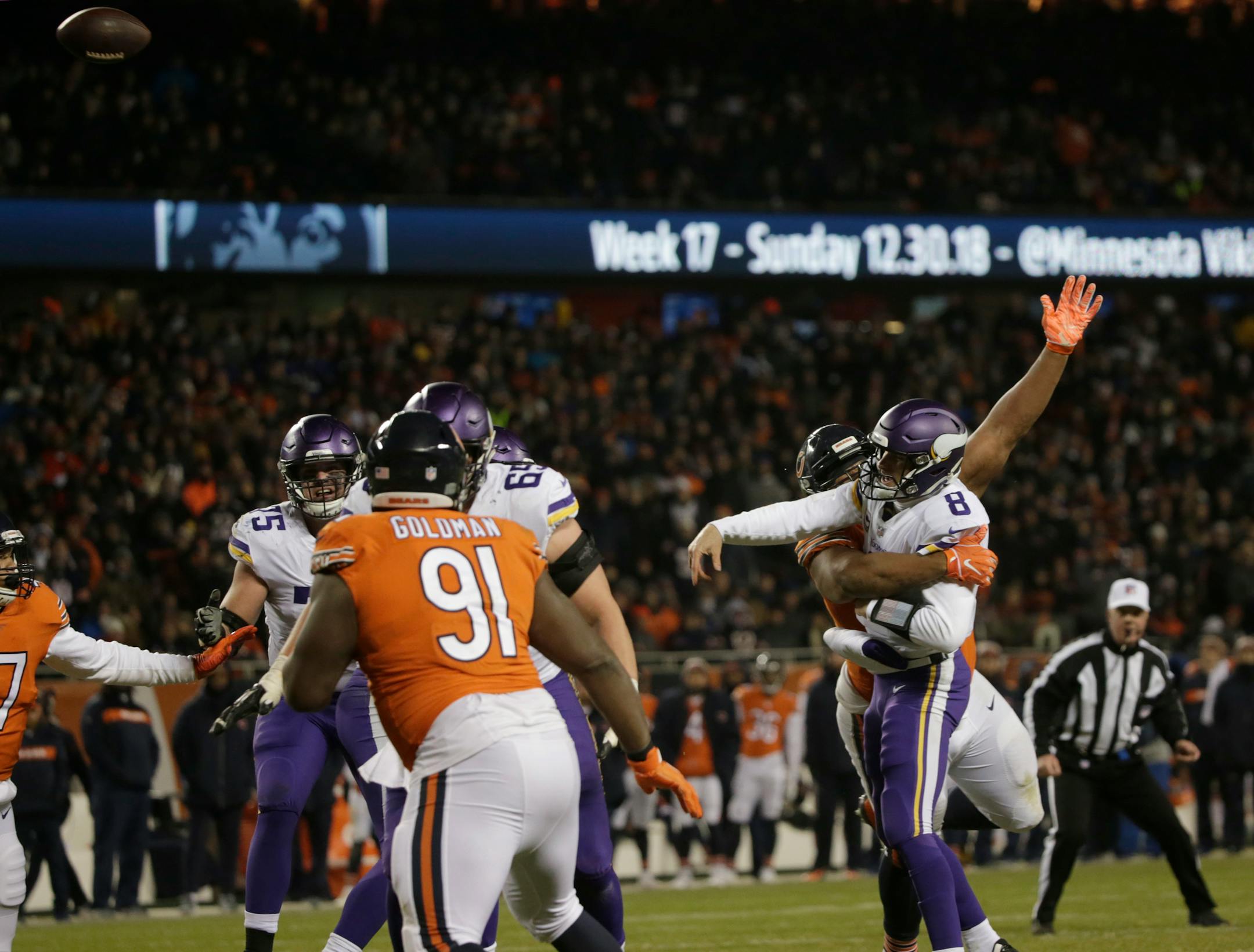 Vikings quarterback Kirk Cousins passes the ball against the Bears during the second half last week, Cousins' 12th career loss in a primetime game.