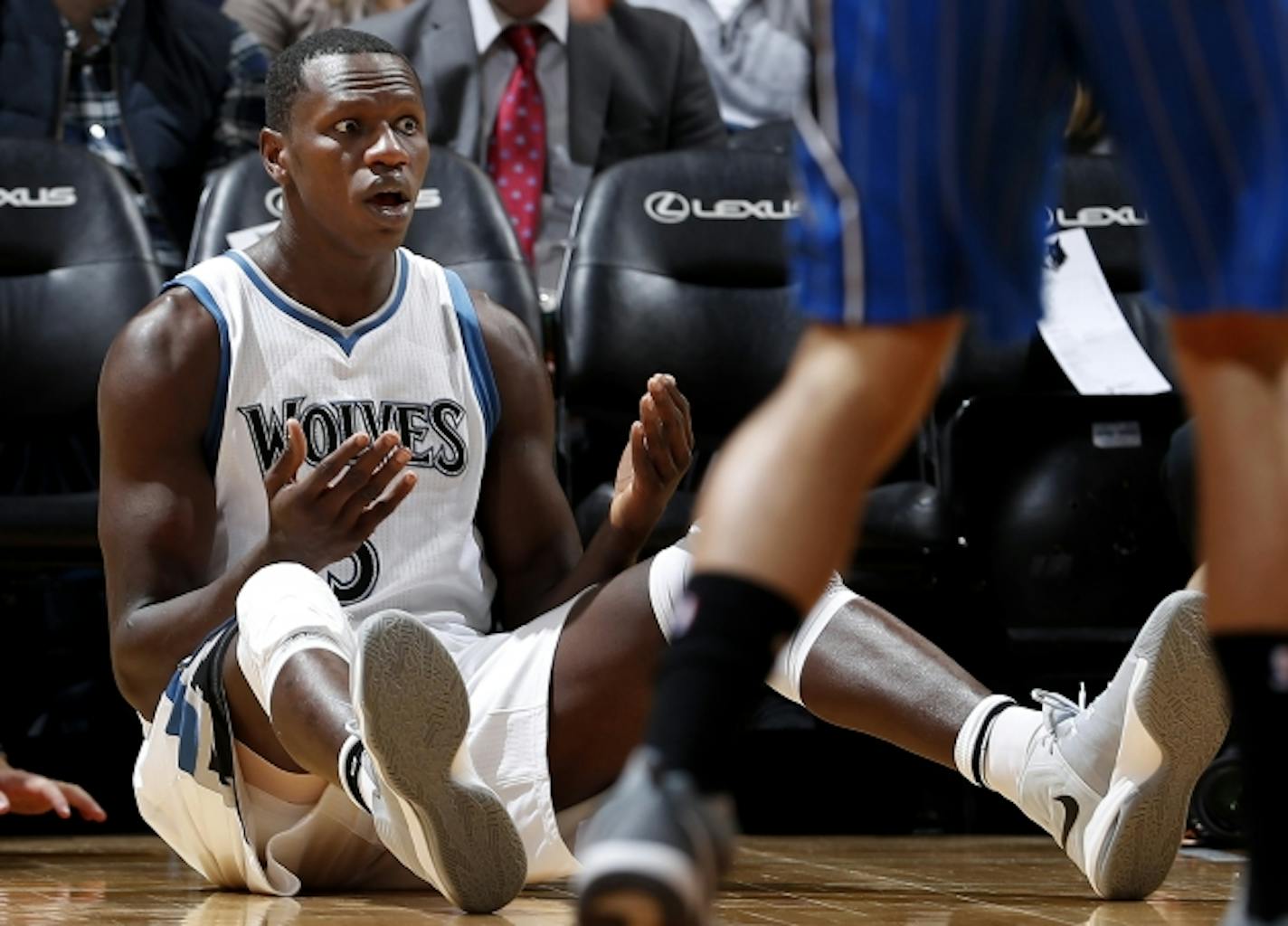 Gorgui Dieng (5) looked surprised after being called for a foul in the first quarter.