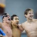 From left, Minnetonka's John Shelstad, Corey Lau and Erik Gessner celebrate as Sam Schilling finishes strong to help win the 2A boys' 200 yard medley 