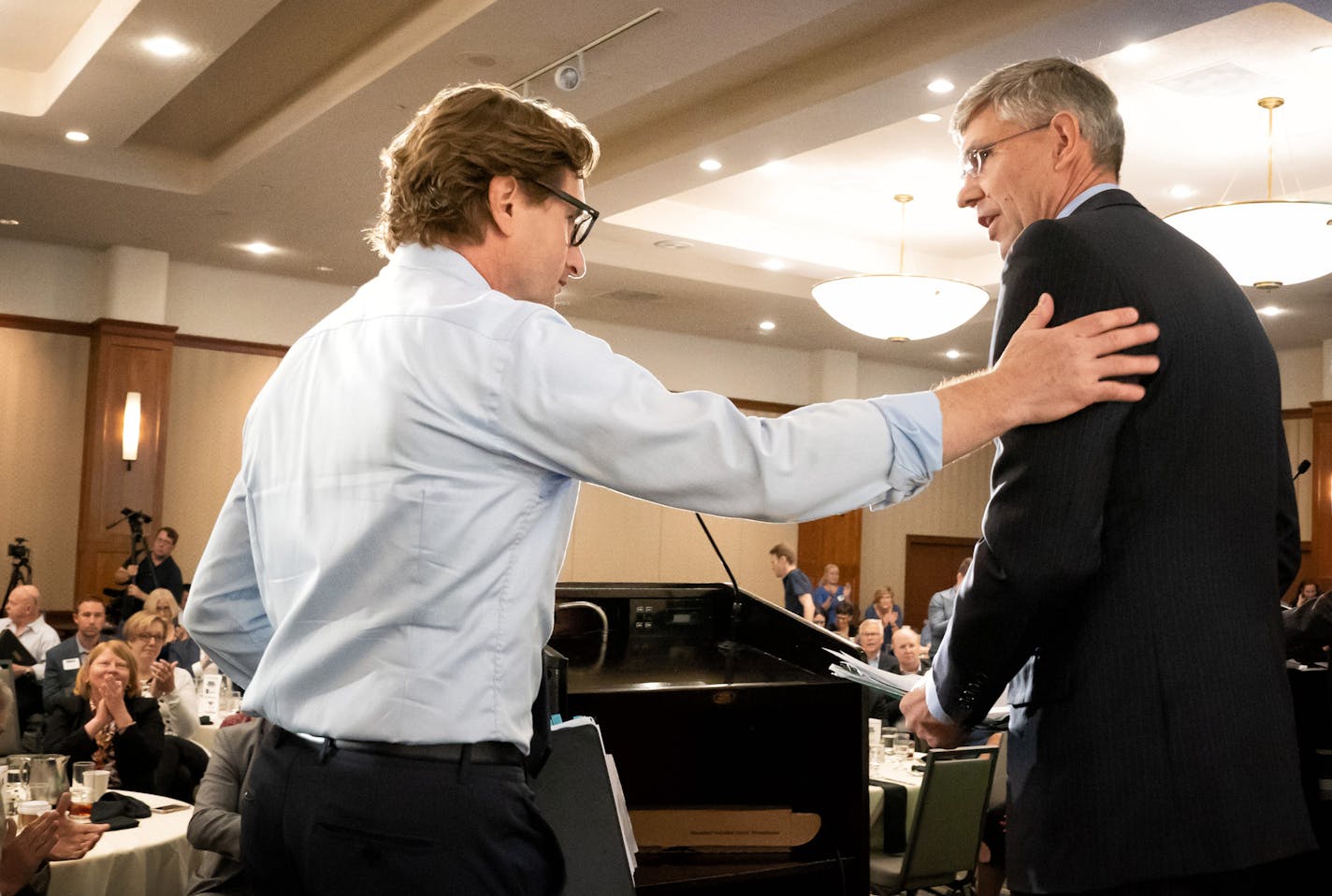 DFL challenger Dean Phillips and Rep. Erik Paulsen greeted each other at the end of Tuesday's third district debate. ] GLEN STUBBE &#xef; glen.stubbe@startribune.com Tuesday, August 21, 2018 Rep. Erik Paulsen and DFL challenger Dean Phillips squared off Tuesday in their first -- and so far, only -- scheduled debate ahead of the November election. The forum was held by the TwinWest Chamber of Commerce in St. Louis Park, and the reservation-only gathering cost $60 per ticket. Progressive activists