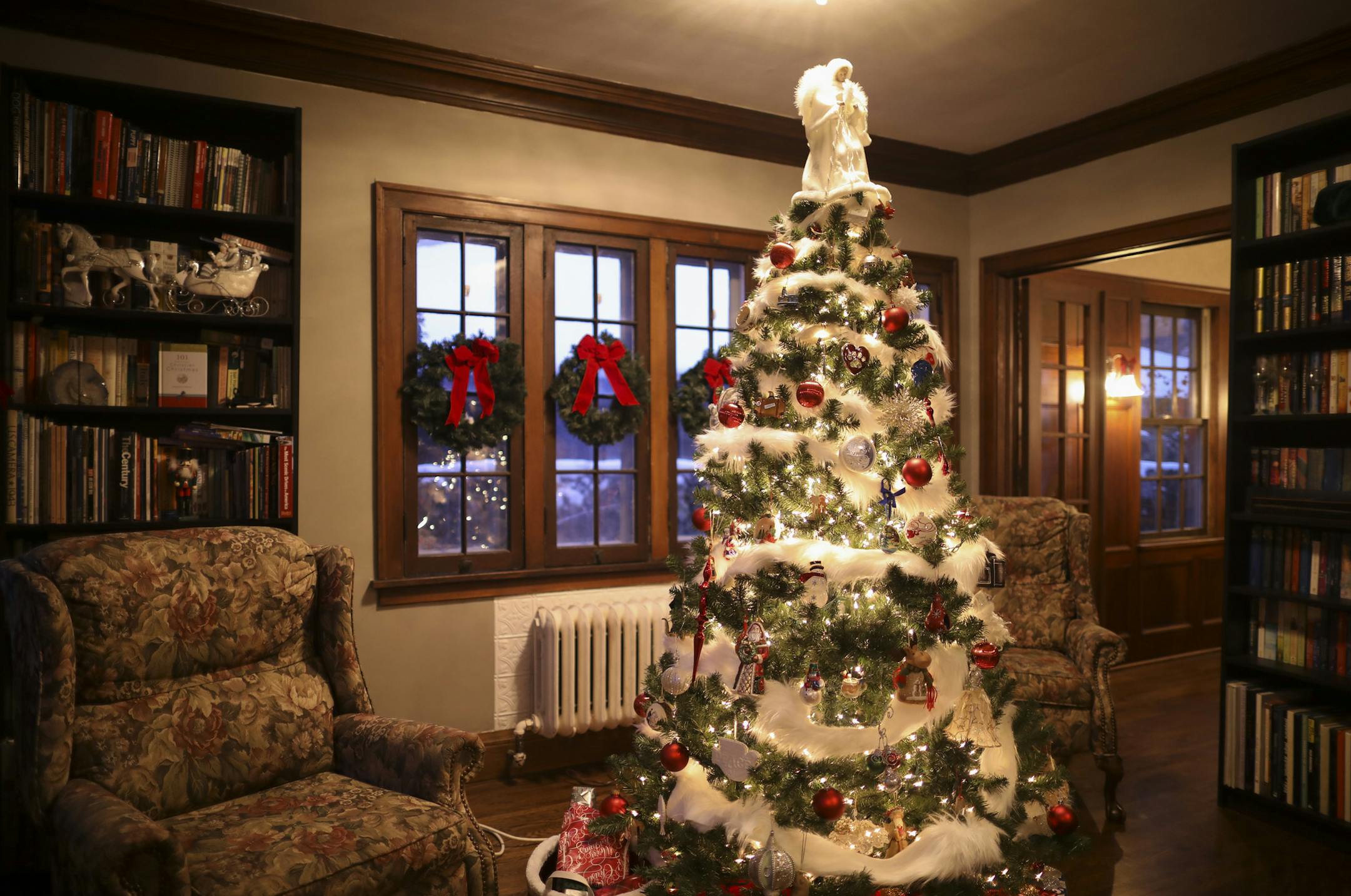The library adjoins the dining room.