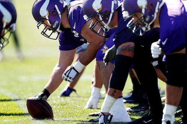 Minnesota Vikings center John Sullivan during the afternoon practice on the first day of training camp in Mankato.
