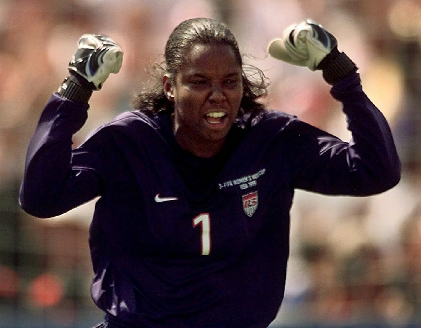 United States' goalkeeper Briana Scurry celebrates after blocking an overtime penalty shootout kick by China's Ying Liu during the Women's World Cup Final at the Rose Bowl in Pasadena, Calif., Saturday, July 10, 1999. The U.S. won the shootout 5-4. (AP Photo/Michael Caulfield) ORG XMIT: PRB142