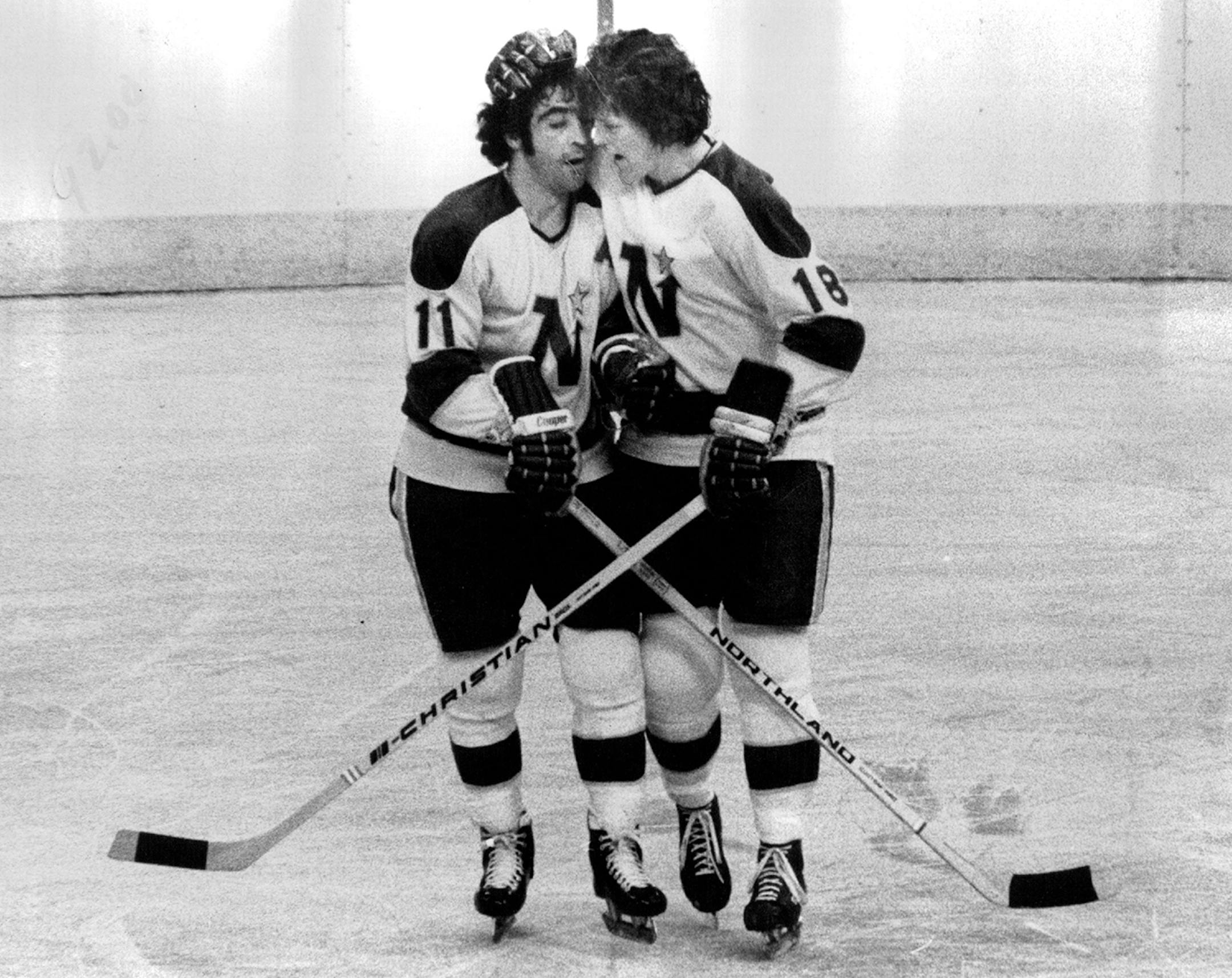 J.P. Parise (11) of the North Stars got a hug from linemate Buster Harvey(18) after Parise's goal brought Minnesota within 5-4 of Los Angeles during a game in 1973.