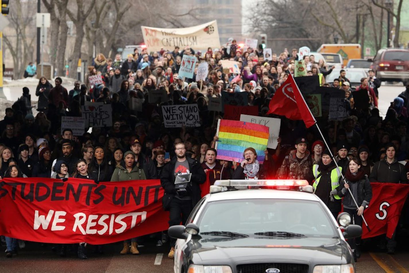 Protesters followed a police escort during Friday's anti-Trump march to City Hall.