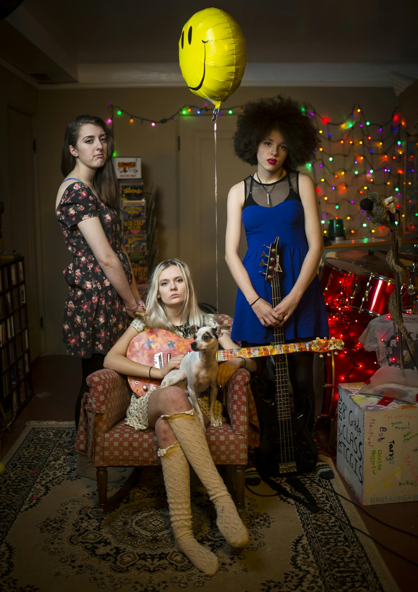 From left, Danielle Cusak, Emily Schoonover and Bella Dawson. ] (AARON LAVINSKY/STAR TRIBUNE) aaron.lavinsky@startribune.com Portrait of teenage punk trio Bruise Violet, who have two high-profile gigs at First Avenue over the next two weekends after turning heads in 2015. The young women took their band name from a song by local heroes Babes in Toyland. Photographed Saturday, Jan. 9, 2015 in the basement of guitarist/ co-vocalist Emily Schoonover's parents' house.