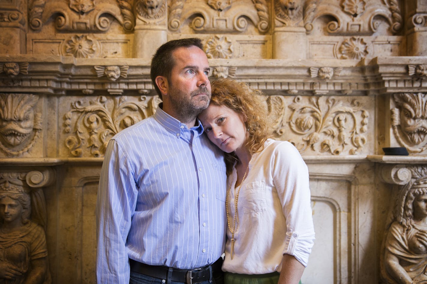 Joe McLean, a survivor of alleged abuse by a priest of the Oblates of Mary Immaculate, with his wife, Colleen, after a press conference at the office of Jeff Anderson & Associates in St. Paul on Tuesday, July 7, 2015.