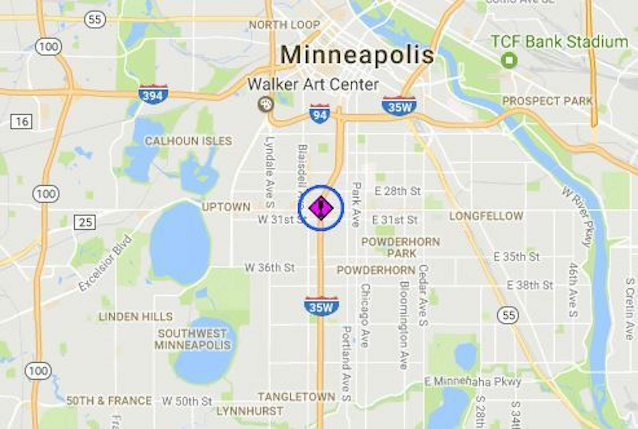 A map posted by MnDOT shows the site of the early Saturday morning incident on I-35W after a fleeing suspect was fatally struck by a passing van.