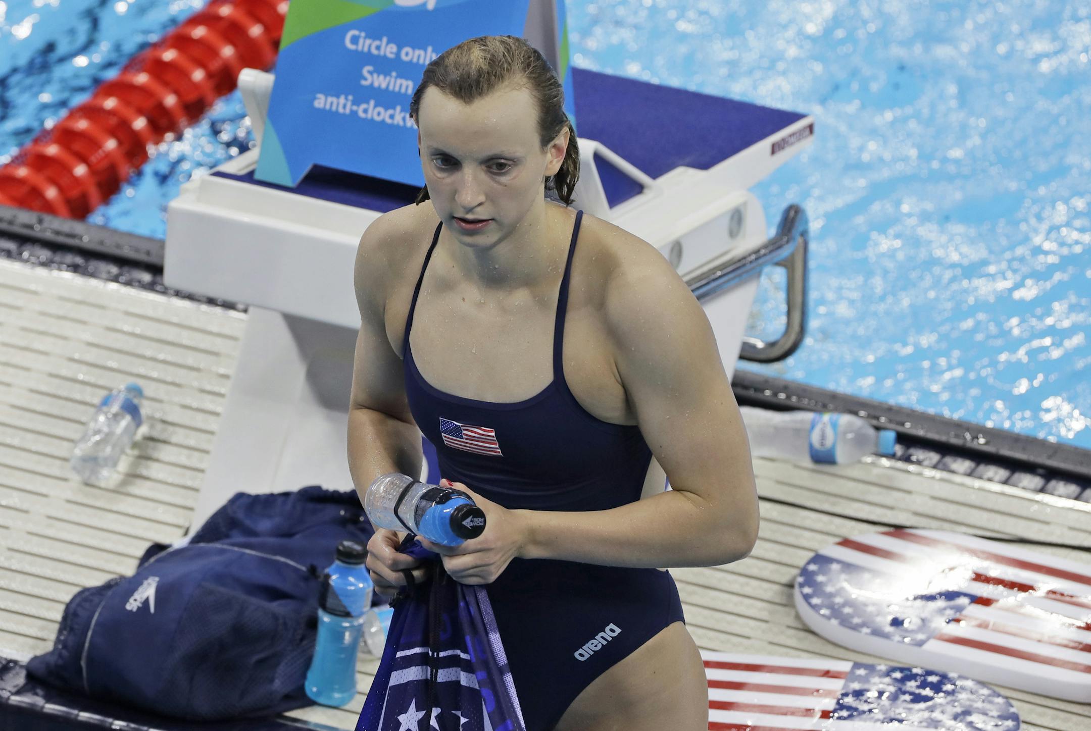 United States' Katie Ledecky leaves the pool after a swimming training session before the 2016 Summer Olympics in Rio de Janeiro, Brazil, Tuesday, Aug. 2, 2016. (AP Photo/Matt Slocum)