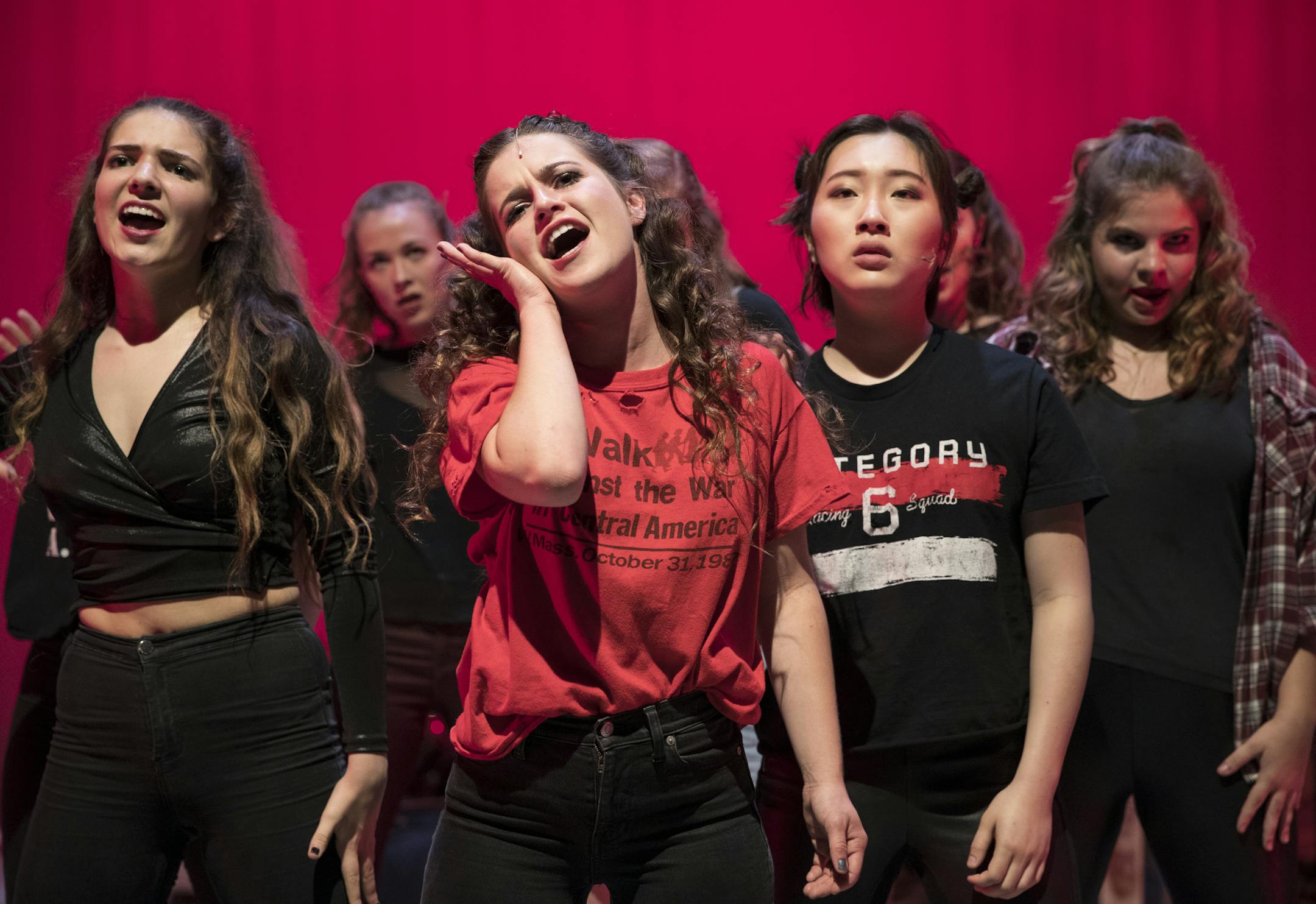Left to right, Bella Blackshaw, 15, Katherine Westrum, 18, Christine Hwang, 16 and Giselle Durand, 17, practiced a scene before the live show Thursday night, June 16, 2016 show at JSB Tek Box in Minneapolis, Minn. ] RENEE JONES SCHNEIDER • reneejones@startribune.com With zero adult assistance, a group of metro area high school students produced, directed, performed and raised the funds to perform the musical "American Idiot," running June 15-18. They are part of a theater group called Try