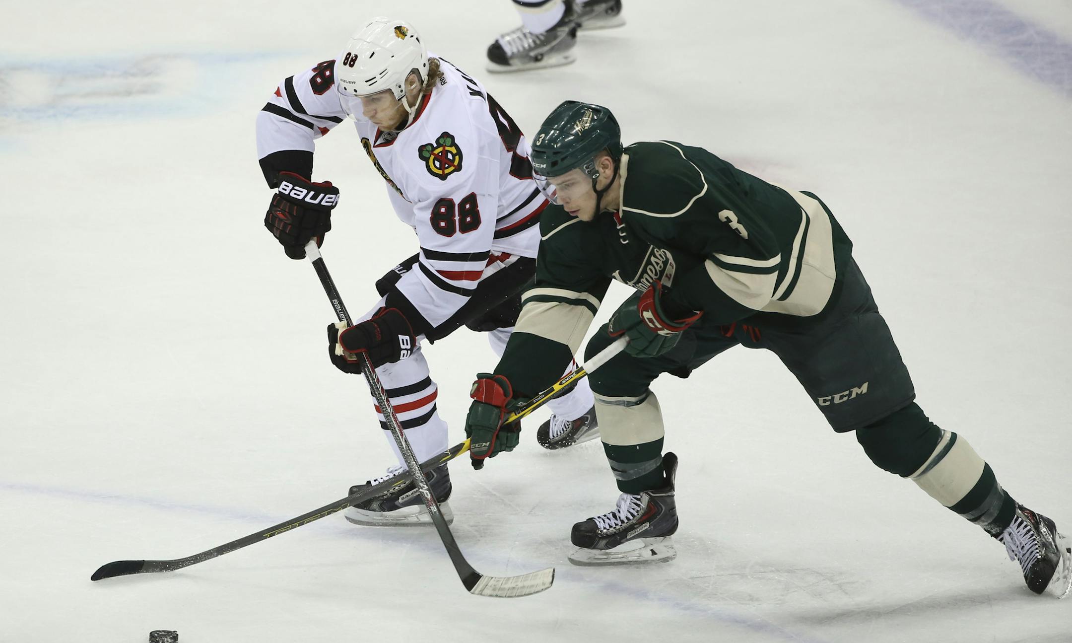 Minnesota Wild center Charlie Coyle (3) tried to steal the puck from Chicago Blackhawks right wing Patrick Kane (88) in the first period Tuesday night at Xcel Energy Center in St. Paul. ] JEFF WHEELER ‚Ä¢ jeff.wheeler@startribune.com The Minnesota Wild faced the Chicago Blackhawks in game 3 of their playoff series at Xcel Energy Center in St. Paul Monday night, May 6, 2014
