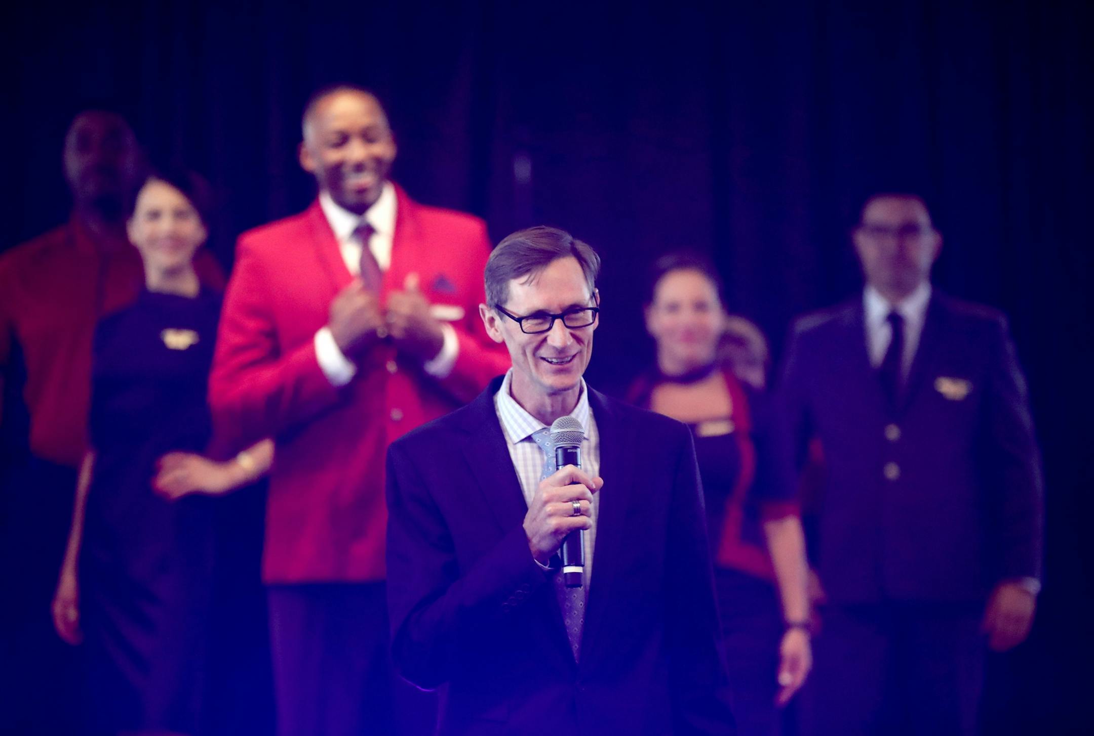 Delta Air Lines launched its new line of uniforms for all its employees during a fashion show at MSP with designer Zac Posen & manufacturer Lands End showcasing the new look Tuesday, May, 29, 2018, at Terminal 1 between Gates G1-G3 at the Minneapolis-St. Paul International Airport in Bloomington, MN. Here, Gareth Joyce, Delta Senior Vice President-Airport Customer Service and President Cargo, addressed those gathered at the fashion show.