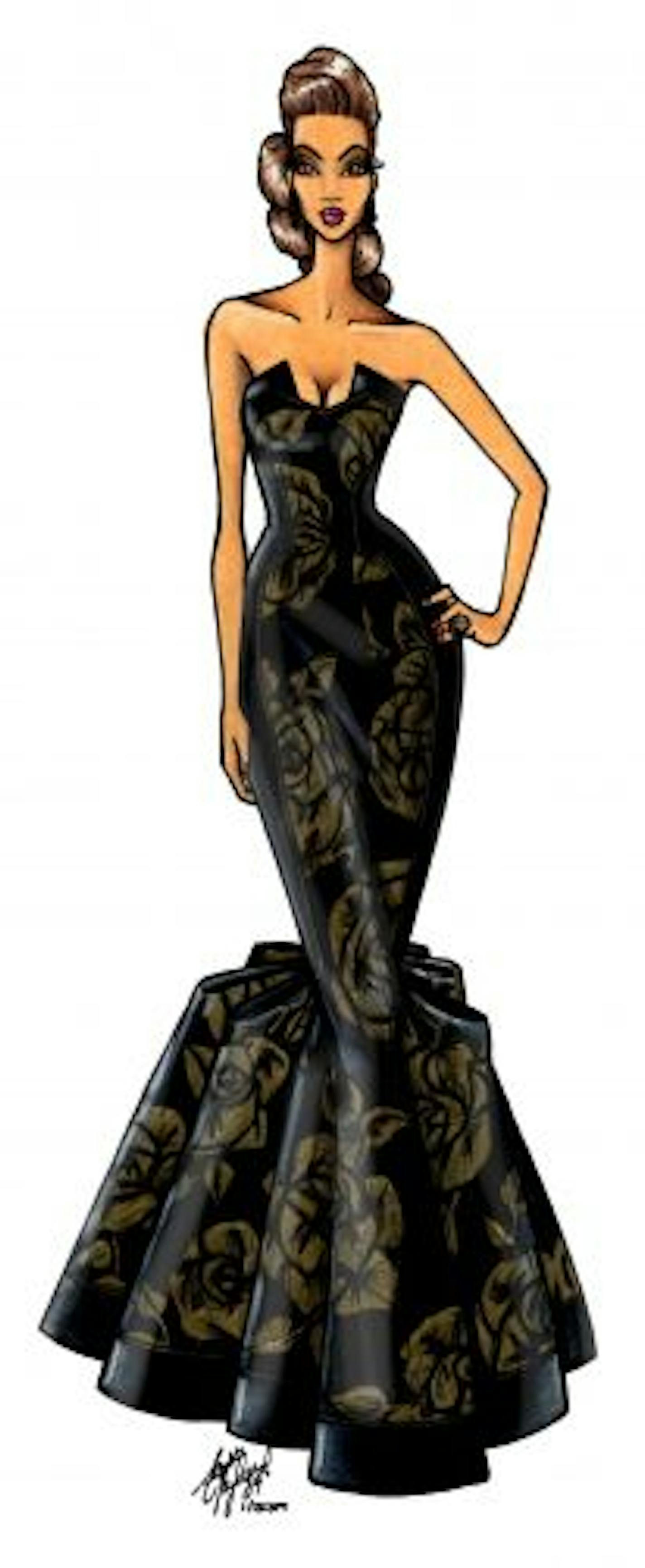 Scott Nylund's illustration of Beyoncé's Oscar gown. Designer Scott Nylund and Beyoncé