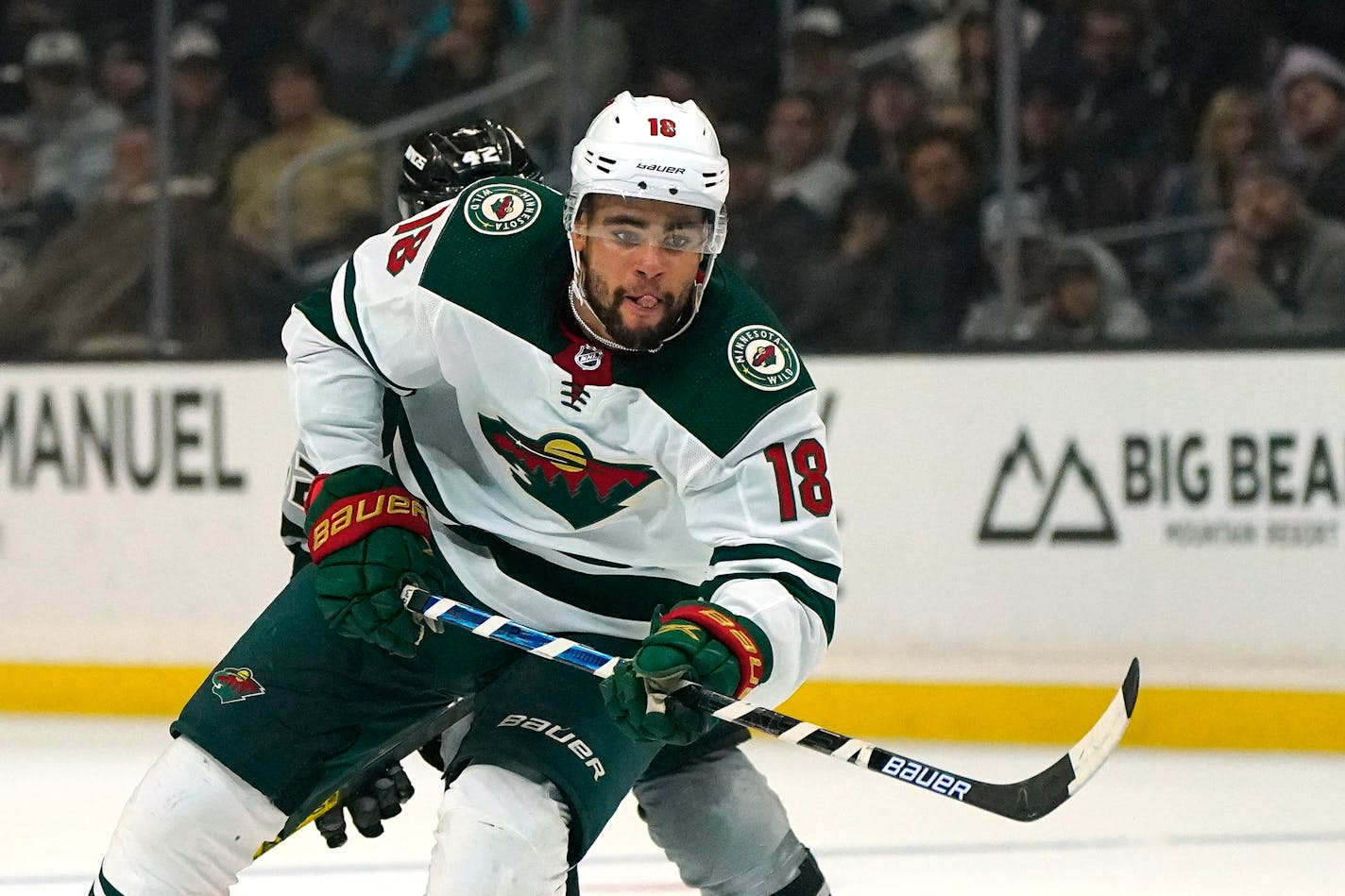 Minnesota Wild left wing Jordan Greenway skates during the third period of an NHL hockey game against the Los Angeles Kings Saturday, March 7, 2020, in Los Angeles. (AP Photo/Mark J. Terrill)