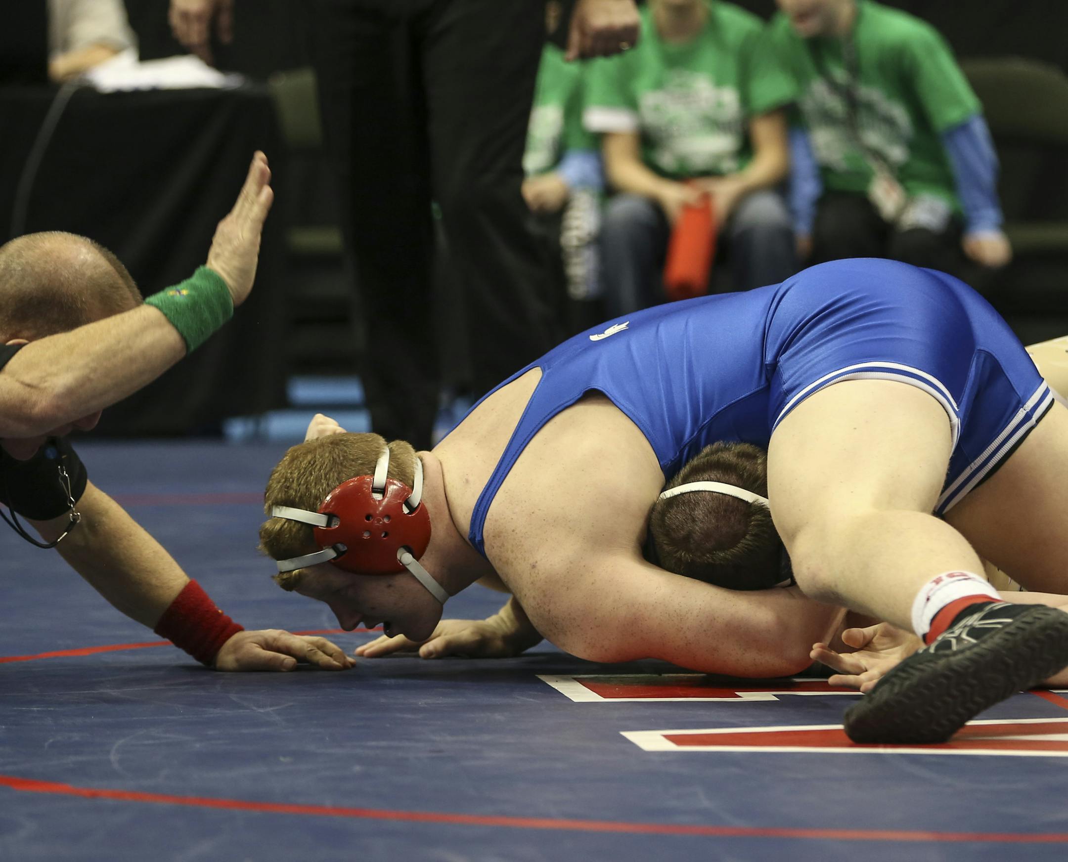 Simley's Jack Ryan pinned Albert Lea's Matt Palmer at 285 pounds during the class AA team championship match at the Xcel Energy Center on Thursday, February 26, 2015 in St. Paul, Minn. ] RENEE JONES SCHNEIDER • reneejones@startribune.com