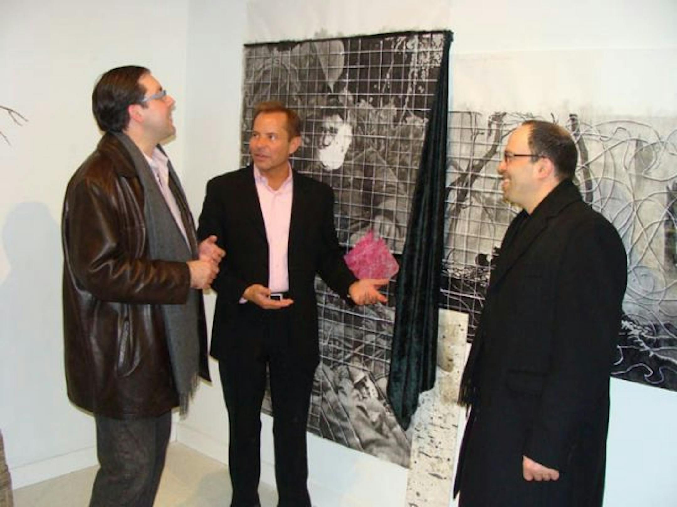 Sara Glassman * sglassman@startribune.com"The Grey Area" exhibit opening with works by artist David Bartley at the Chambers Hotel in Minneapolis. David Abele, Todd Walker of Fox9 and Kerry Manaster of Hanley Wood, discussed �Fighting Over Pink Pillow Cases.�