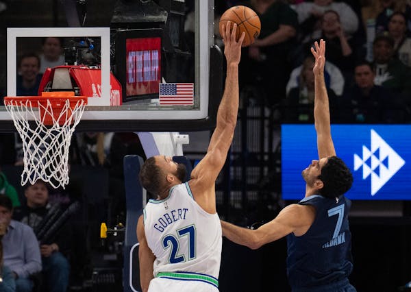 Wolves center Rudy Gobert (27) swatted a shot by Grizzlies forward Santi Aldama (7) in the first quarter Thursday.