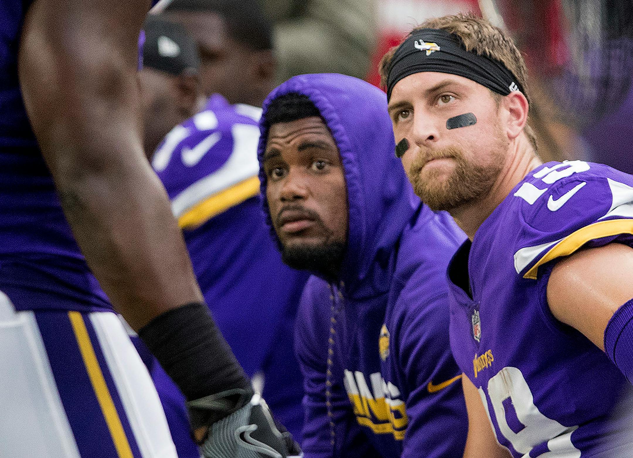 Minnesota Vikings receiver Adam Thielen (19) sat on the bench in the final second seconds of the game. Thielen fumbled on the Vikings last possession of the game.