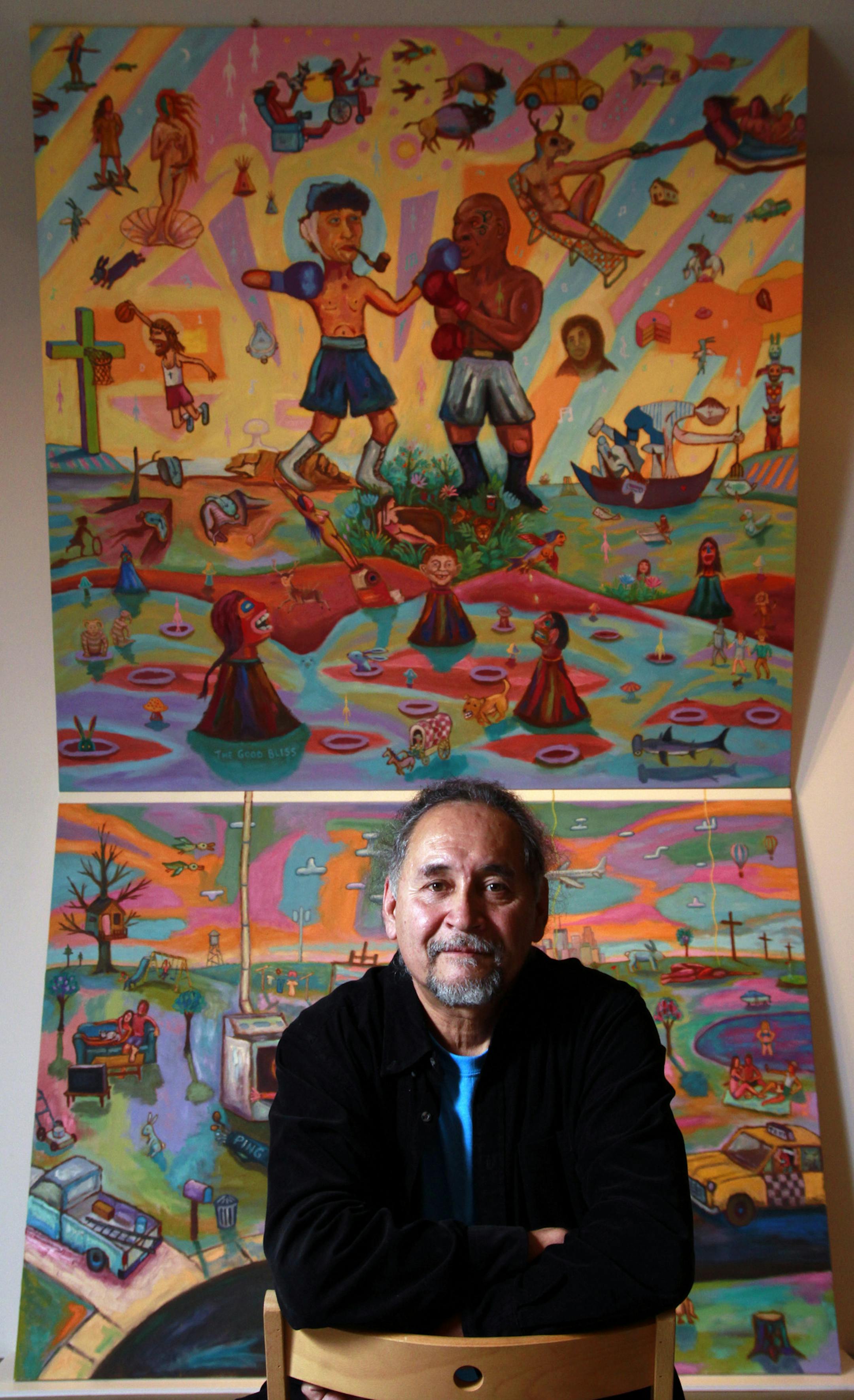 Jim Denomie in 2014 at Bockley Gallery with his 12-foot-tall oil painting "The Creative Oven," in which Vincent Van Gogh dukes it out with Mike Tyson. The work is now in the collection of Duluth's Tweed Museum.