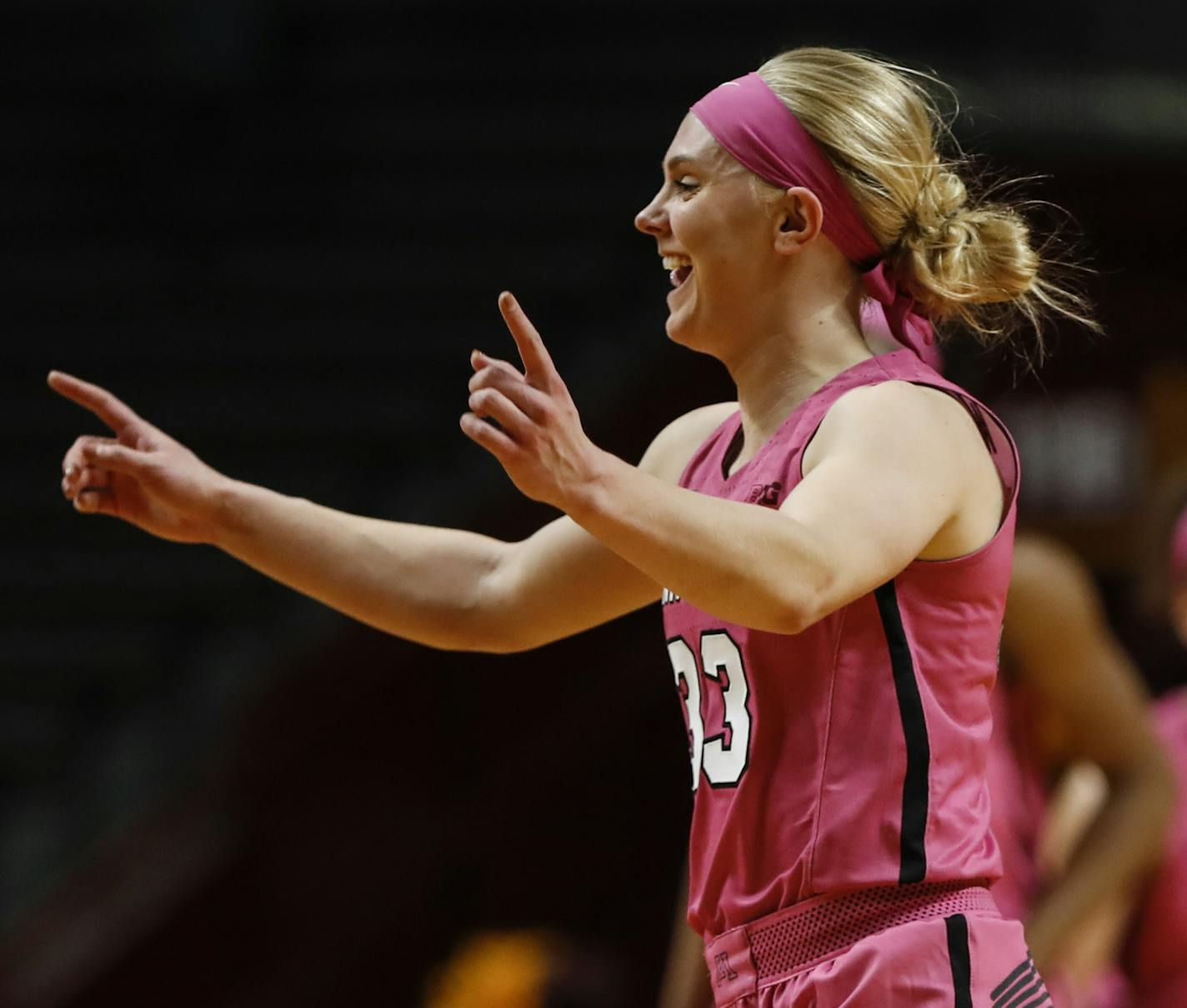 Minnesota Golden Gophers guard Carlie Wagner (33) celebrated the Gophers 93-87 win of Michigan at the end of the game. Wagner scored 26 points. ] RENEE JONES SCHNEIDER &#xa5; renee.jones@startribune.com The Minnesota Gophers beat the Michigan Wolverines on 93-87 on Wednesday, February 14, 2018, at Williams Arena in Minneapolis, Minn.