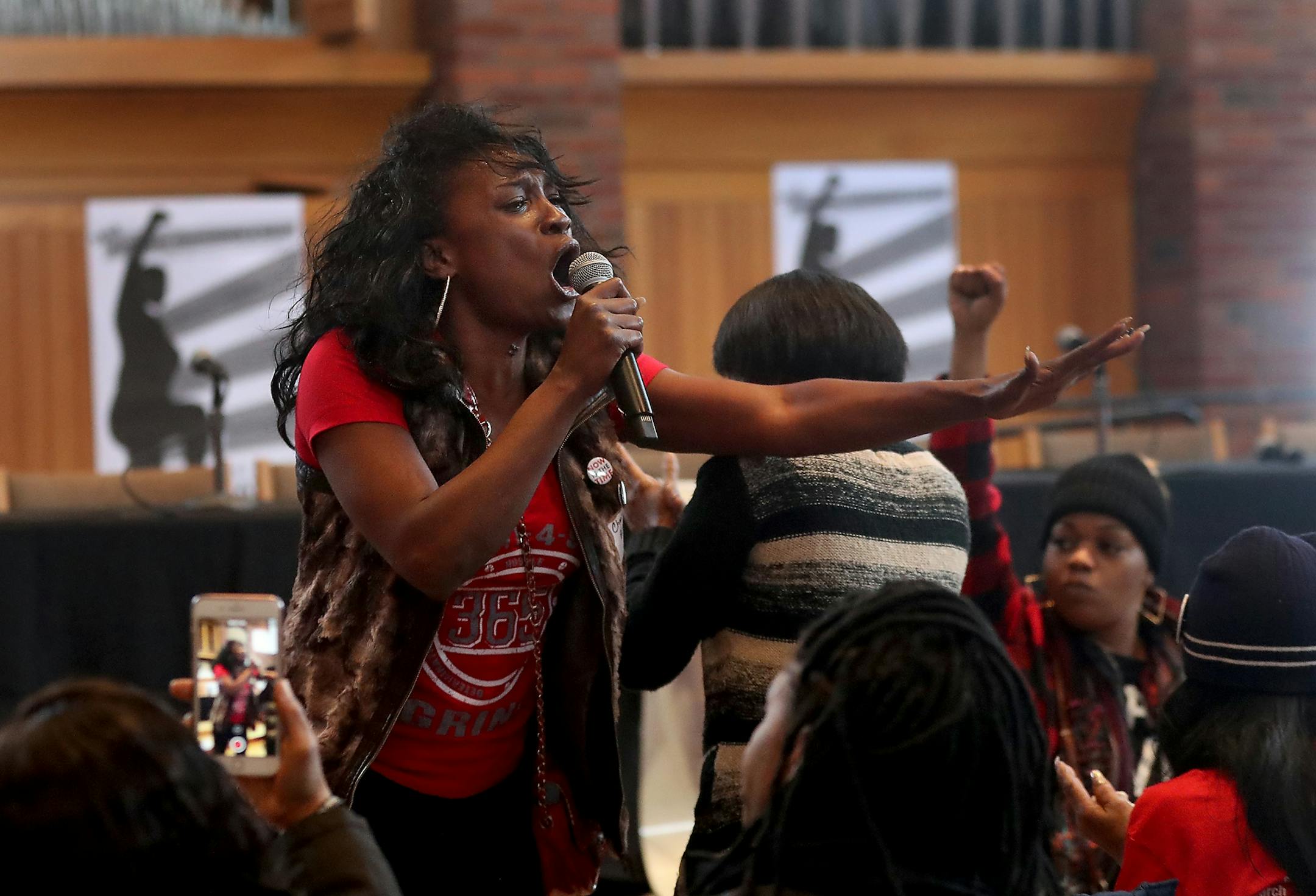 Take A Knee Nation, a two-day conference discussing Colin Kaepernick's protest against police brutality, kicked off Saturday, Feb. 3, 2018, at Augsburg University in Minneapolis, MN. Here, Chantel Brooks, who came to the conference from Chicago, asks for help in getting justice for her son Michael Wesley, who was killed by police officers in 2013. "I'm begging, please help," Brooks cried out.