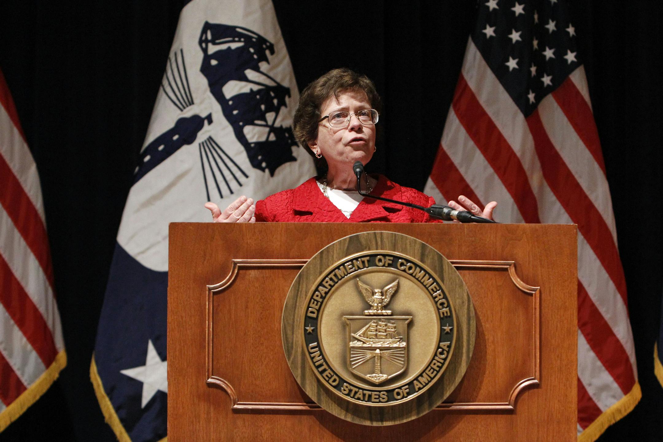 Acting Commerce Secretary Rebecca Blank speaks during a news conference in Washington, Wednesday, Feb. 13, 2013, to give an update on President Barack Obama's Cybersecurity policy. Warning that American companies are the target of an intensive cyber-espionage campaign, President Barack Obama's top security officials on Wednesday said they are struggling to defend the nation from attacks on its private computer networks and called on Congress to pass legislation that would close regulatory gaps.