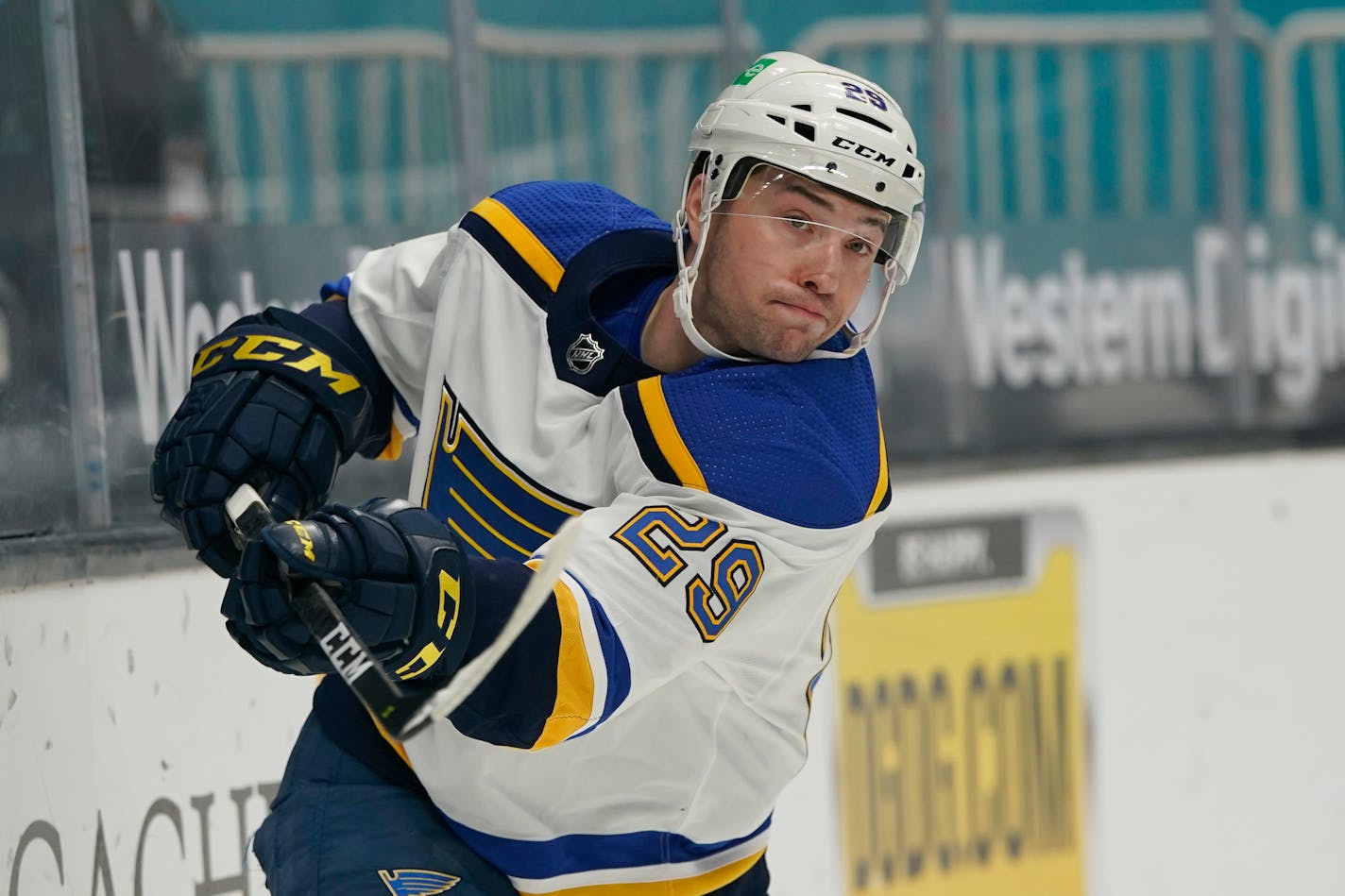 St. Louis Blues defenseman Vince Dunn (29) against the San Jose Sharks an NHL hockey game in San Jose, Calif., Saturday, March 20, 2021. (AP Photo/Jeff Chiu)