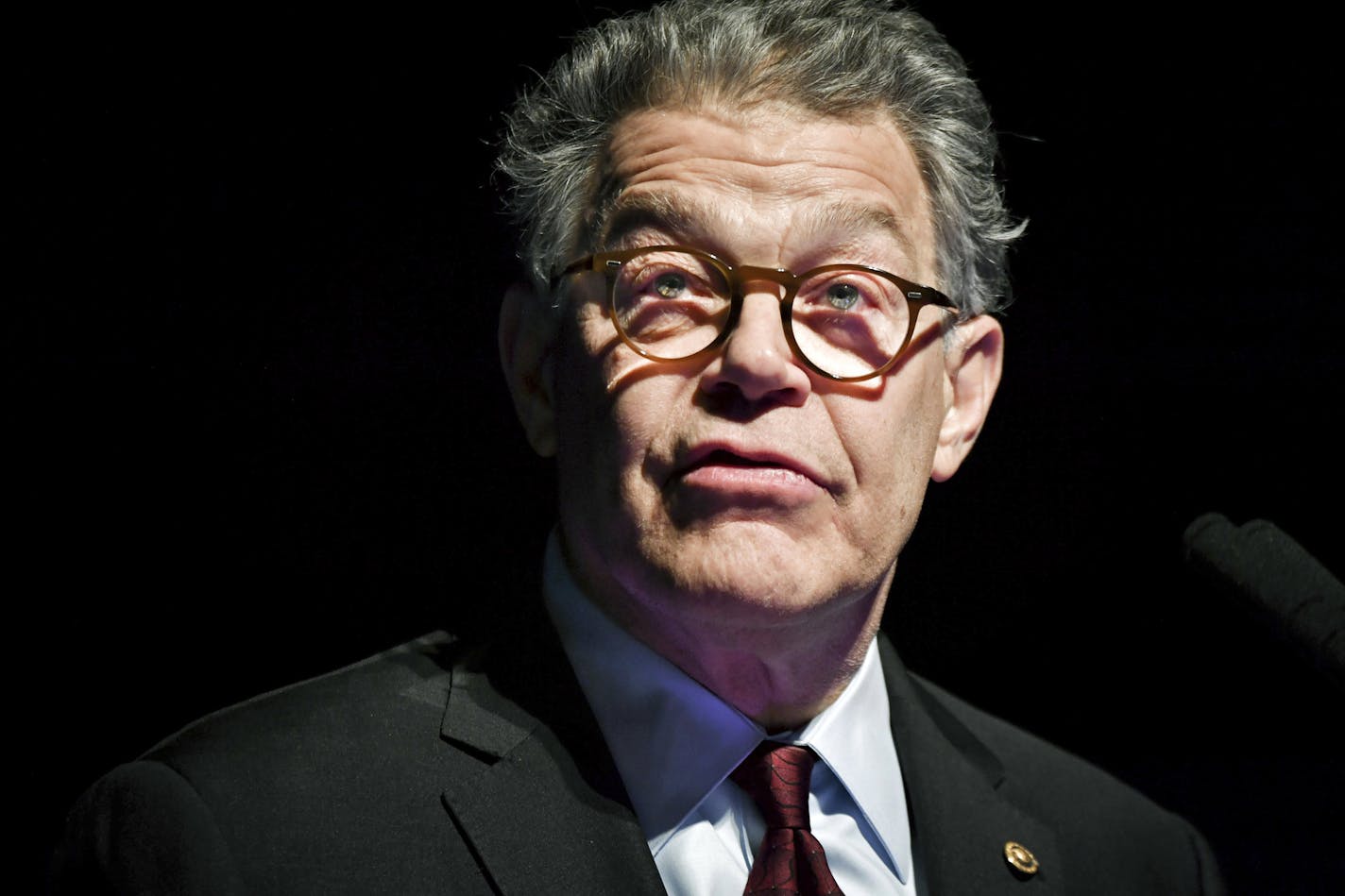 FILE - In this Dec. 28, 2017, file photo, outgoing U.S. Sen. Al Franken speaks about his accomplishments and thanks his team in Minneapolis, as his eight years in the Senate are set to come to an end soon. The Democrat's resignation was expected to be made official Tuesday, Jan. 2, 2018. It comes nearly a month after he announced his plans to leave Congress after a swirl of sexual misconduct allegations that began in November. (Glen Stubbe /Star Tribune via AP, File)