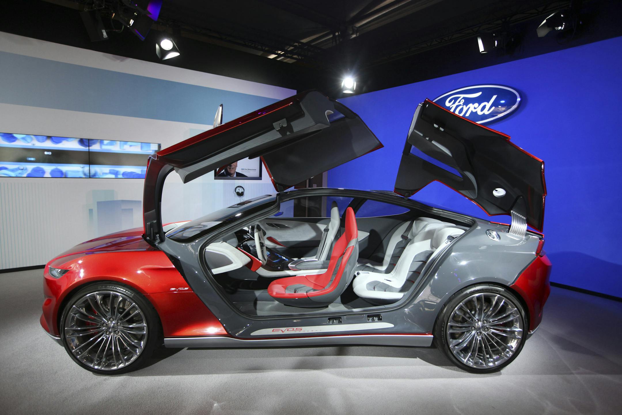 A Ford Motor Corp. Evos concept vehicle, which uses the Sync voice activated in-car connectivity system, is on display at the company’s booth at the Mobile World Congress last week in Barcelona, Spain.