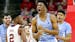 North Carolina’s Sterling Manley reacts following his basket and a foul against North Carolina State 