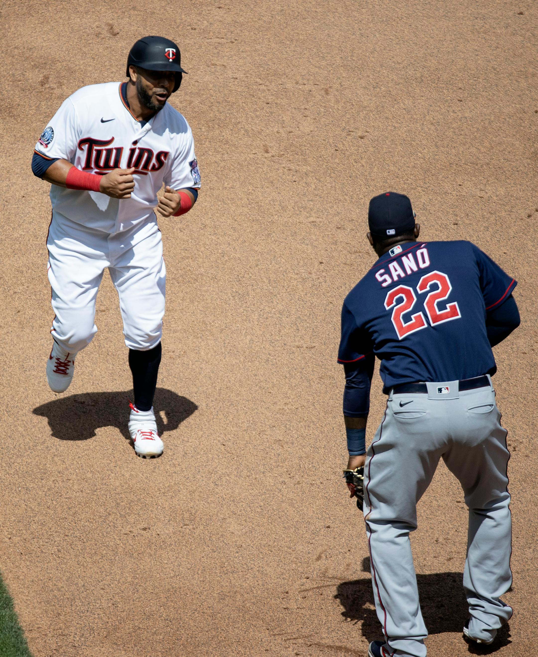 Nelson Cruz joked with Miguel Sano during a Twins intrasquad game at Target Field.