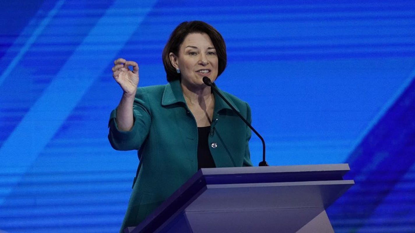 Sen. Amy Klobuchar, D-Minn., responds to a question Thursday, Sept. 12, 2019, during a Democratic presidential primary debate hosted by ABC at Texas Southern University in Houston.