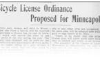 Star Tribune clip from Feb. 18, 1900, referred to proposed "license tag" for anyone who wants to ride Minneapolis bike paths.