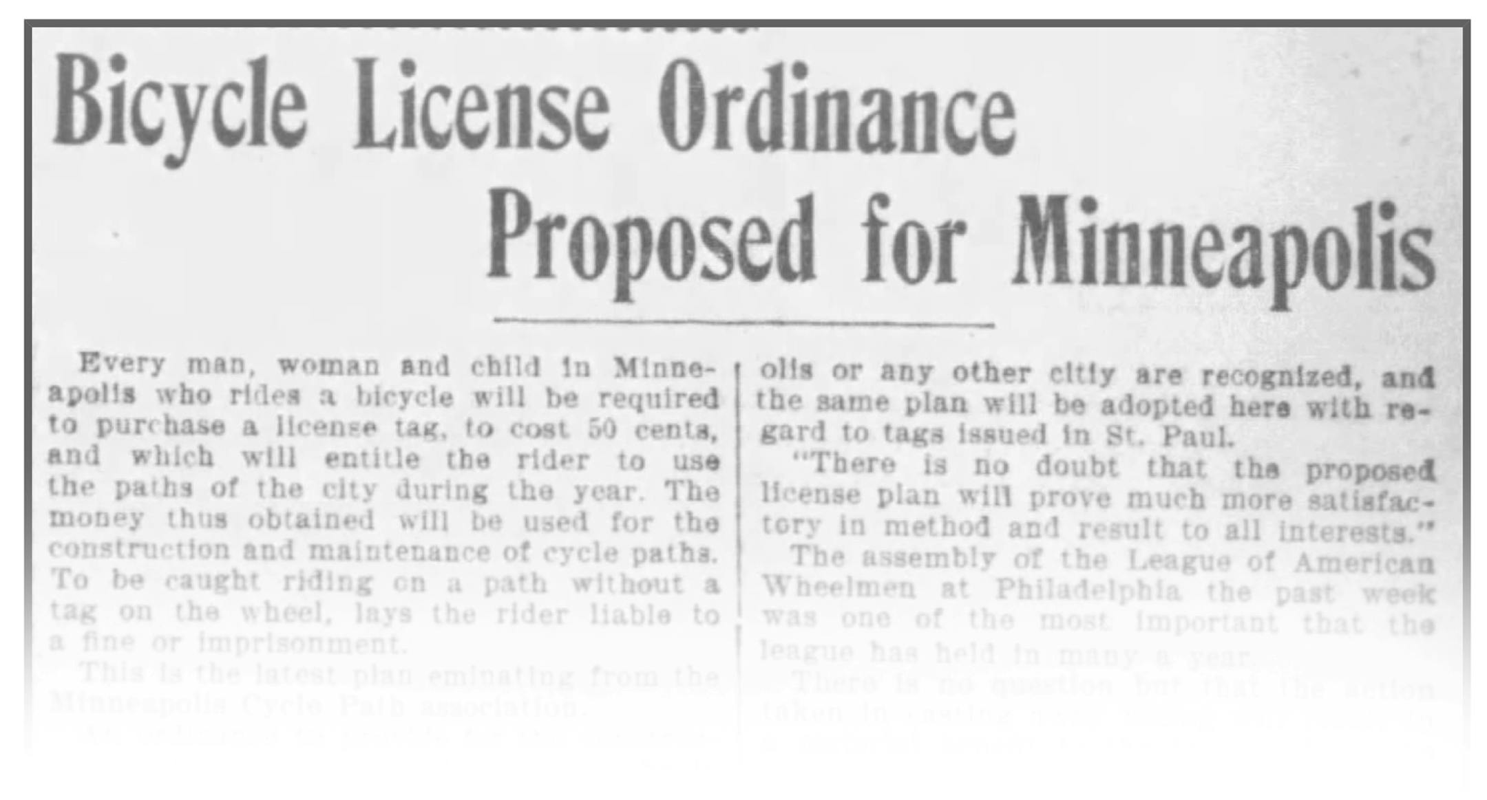Star Tribune clip from Feb. 18, 1900, referred to proposed "license tag" for anyone who wants to ride Minneapolis bike paths.