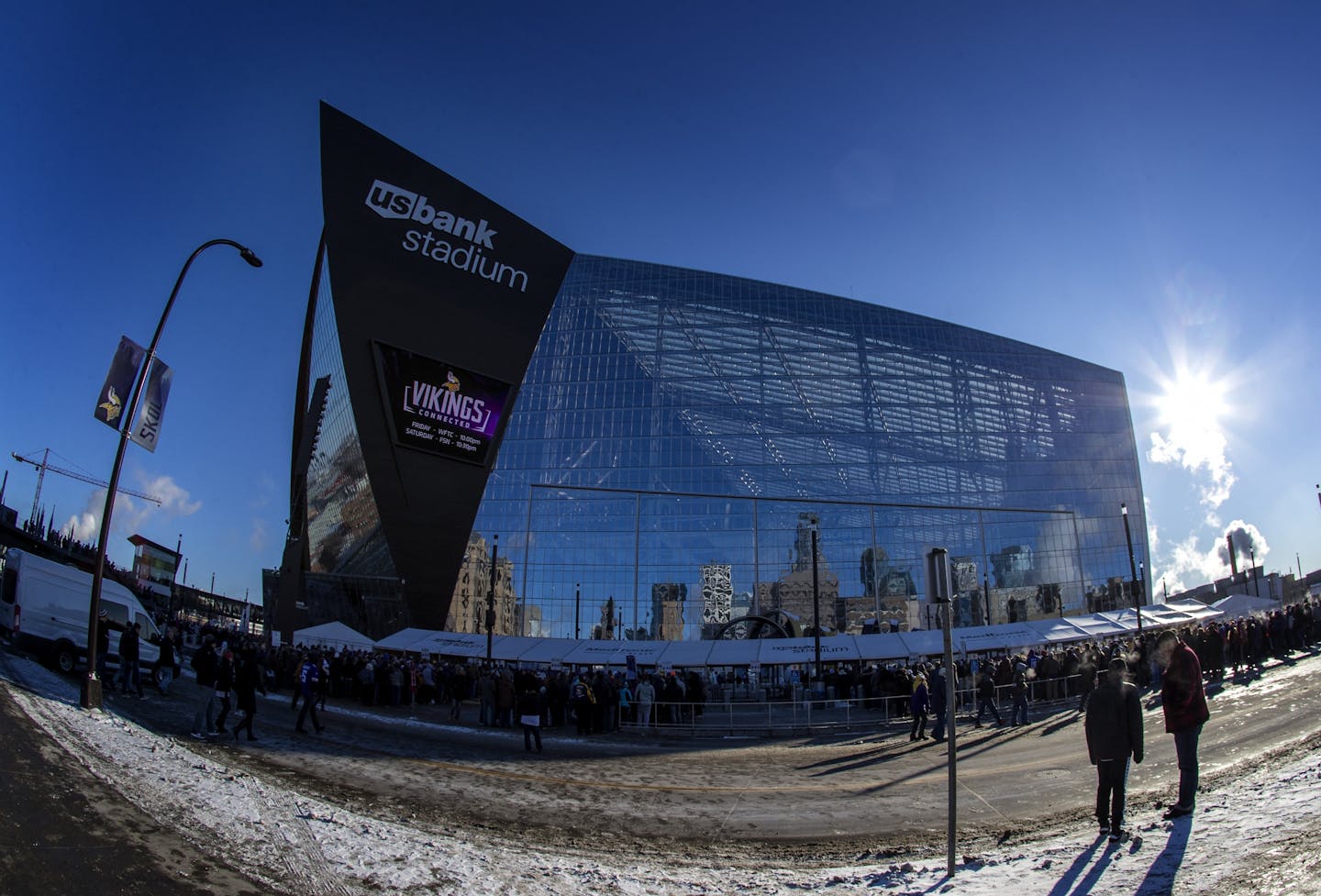 Fans stood in line in -12 temperatures to enter US Bank Stadium to see the Chicago Bears take on the Minnesota Vikings in Minneapolis, MN.