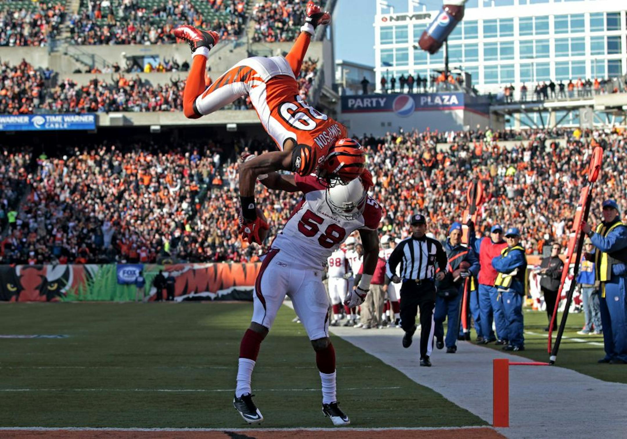 Last Dec. 24, Bengals receiver Jerome Simpson pulled off a highlight-reel play for the ages, flipping over Cardinals linebacker Daryl Washington for a touchdown. Simpson will join the Vikings this season.