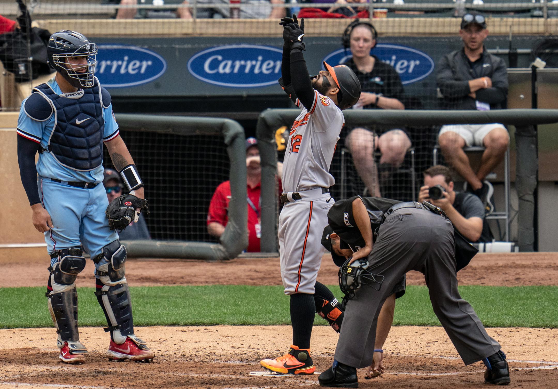 Baltimore Orioles second baseman Rougned Odor (12) celebrates his solo homer in the fifth inning.