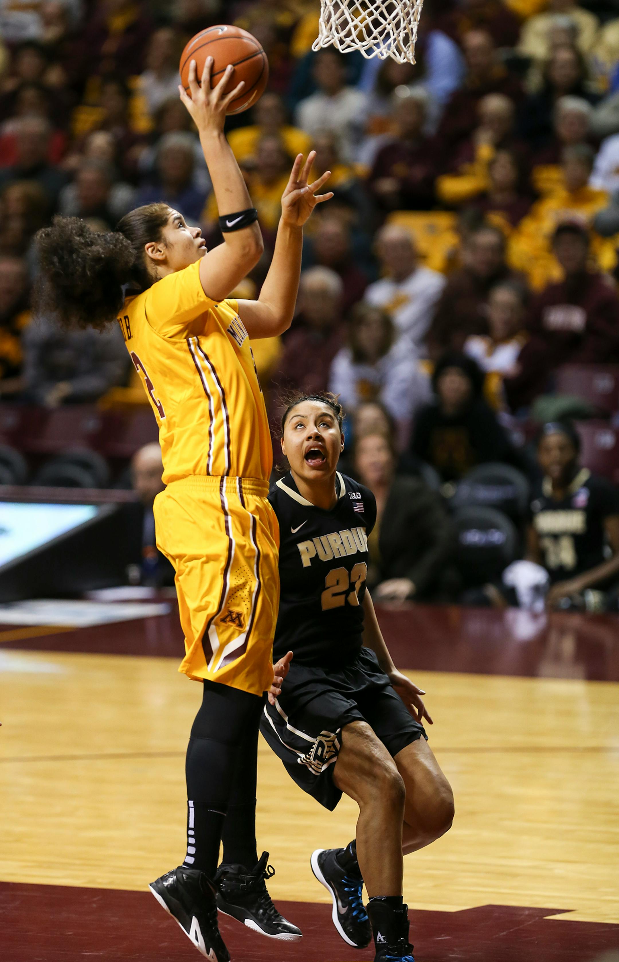 Gophers Amanda Zahui B. (32) made a two-point shot during the first half. ] RENEE JONES SCHNEIDER • reneejones@startribune.com Minnesota Gophers women's basketball verse. Purdue Boilermakers at Williams Arena at the University of Minnesota on Thursday, January 22, 2015 in Minneapolis, Minn.