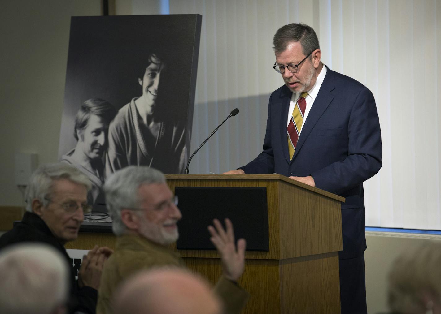 Decades ago, the University of Minnesota withdrew its job offer to Michael McConnell after he and Jack Baker became the first gay couple to apply for a marriage license in Minneapolis. On Monday the U of M celebrated the couple's donation of McConnell's historic files to the university. Here, U of M President Eric Kaler speaks to the historic past and honors Jack Baker and Michael McConnell at a reception Monday afternoon. ] Brian.Peterson@startribune.com Minneapolis, MN - 10/26/2015