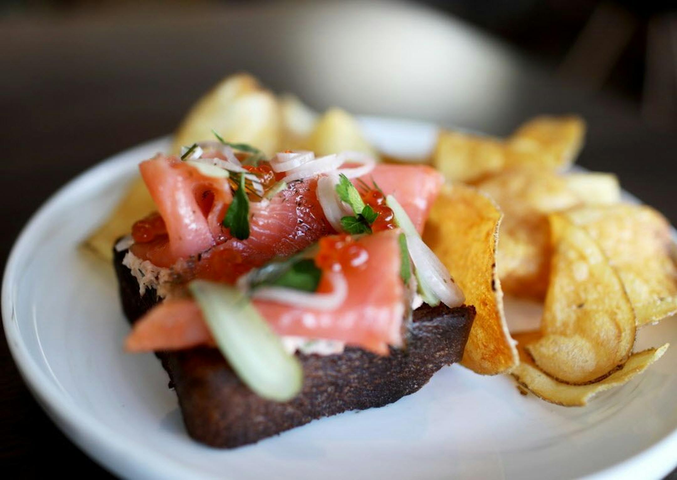 Salmon rillette at Esker Grove with homemade lox, salmon roe and pickled shallots and house made potato chips Thursday, Nov. 1, 2018, in Minneapolis, MN.