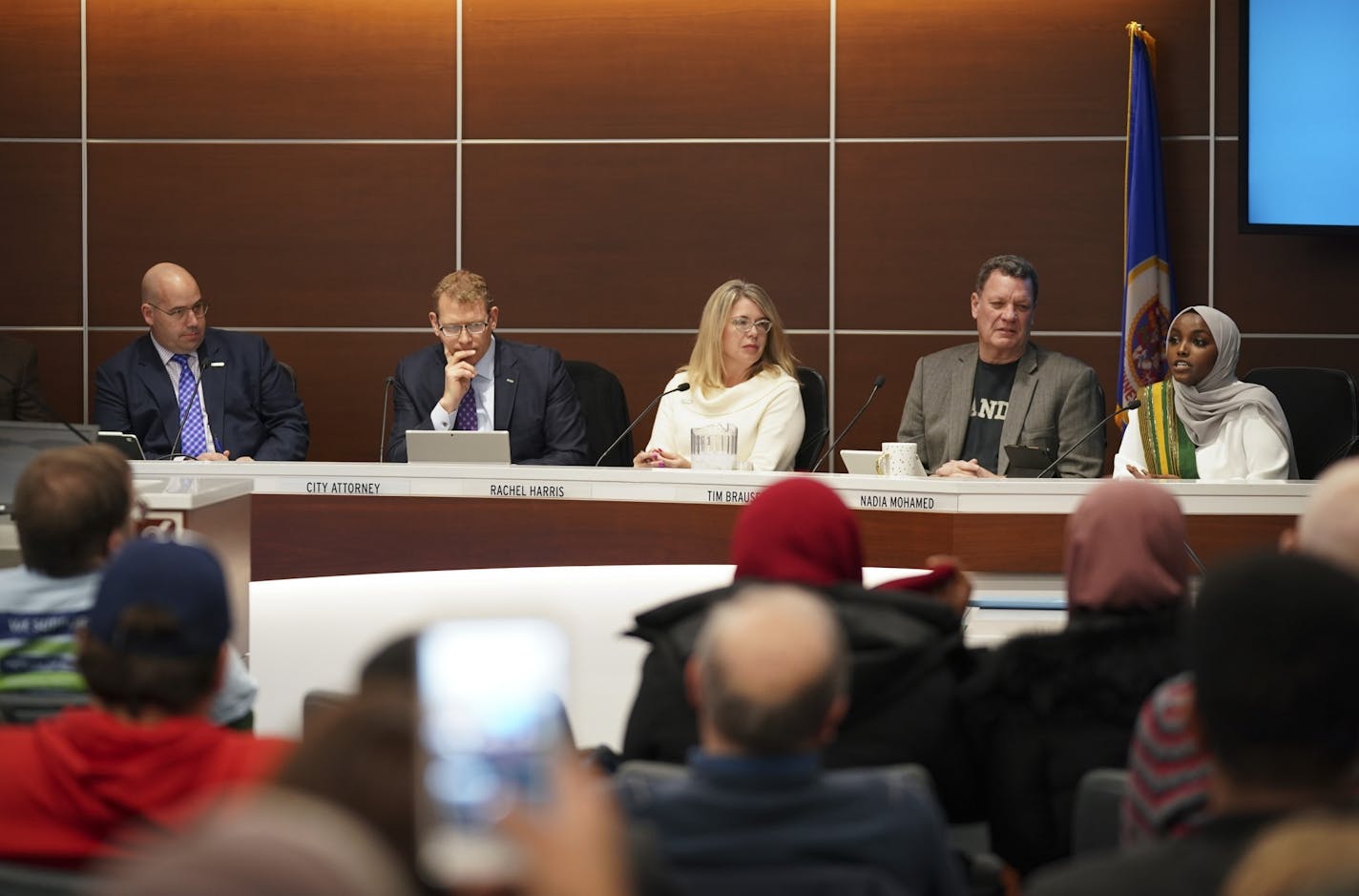 St. Louis Park's newest city council member Nadia Mohamed, right, spoke in support of a resolution before the council concerning the sale of vaping products. The others are, from left, Mayor Jake Spano, City Attorney Soren Mattick, council member Rachel Harris, council member Tim Brausen.