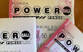 FILE - Powerball lottery tickets are displayed Oct. 4, 2023, in Surfside, Fla. (AP Photo/Wilfredo Lee, File)