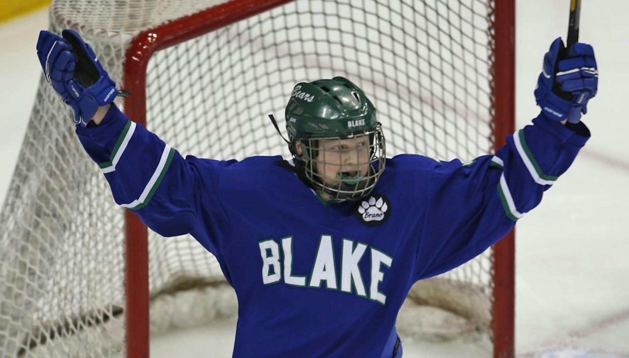 Blake's Karlie Lund celebrated her third goal for the hat trick in 3rd period action against Red Wing.