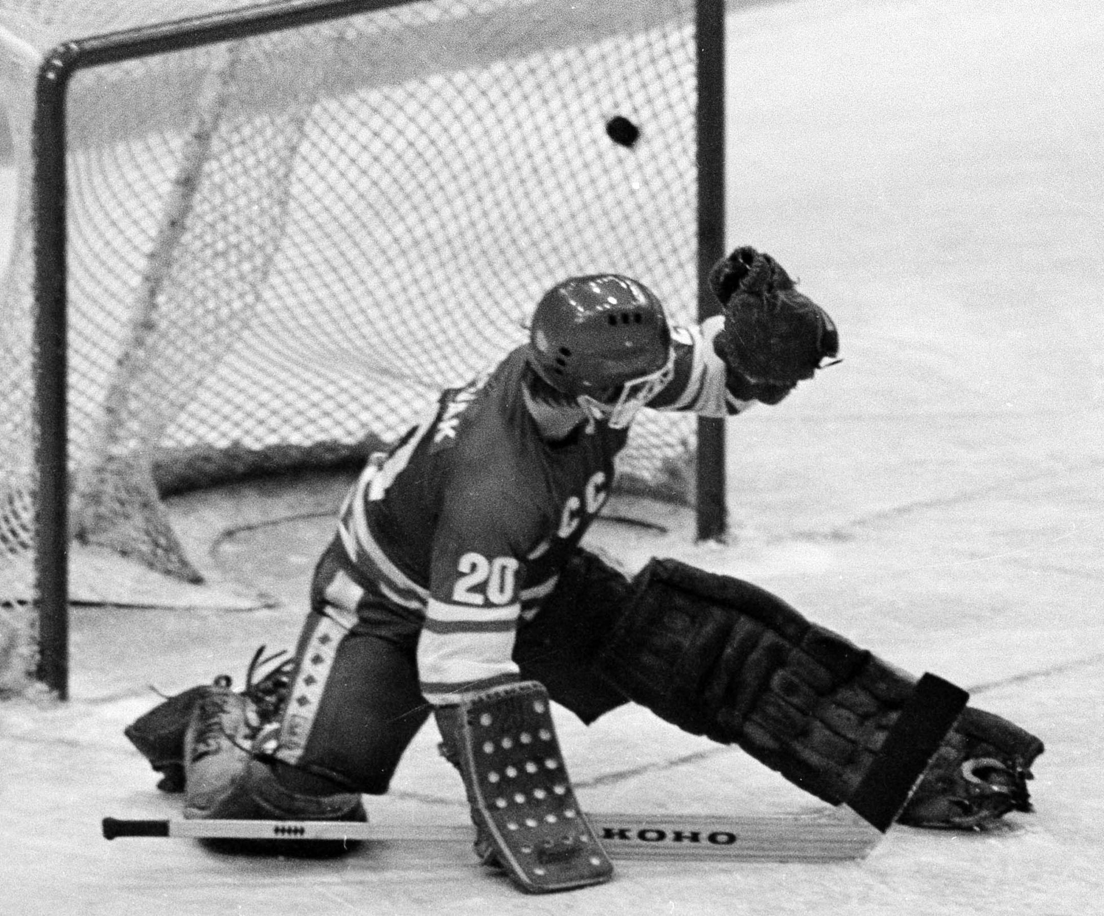 FILE - In this 1980 file photo, Soviet goalie Vladislav Tretiak allows a goal by the U.S. team in the first period of a medal-round hockey game at the 1980 Winter Olympics in Lake Placid, New York. A big reason the Americans were able to upset the Soviet Union in the 1980 "Miracle on Ice" at the Olympics was the benching of goaltender Tretiak by Soviet coach Victor Tikhonov with the score tied at 2 after the first period. Backup Vladimir Myshkin surrendered two goals and the U.S. won 4-3, then w