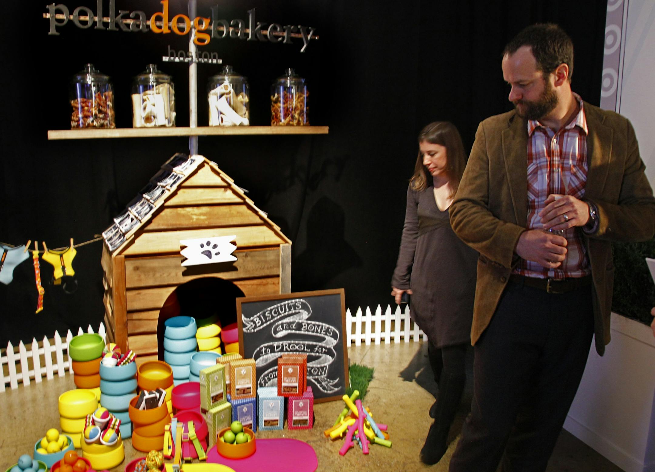 Robert Van Sickle, right, and Deb Gregg display item s from their dog boutique Polka Dog Bakery, which Target introduced as a partner in its new design program The Shops At Target, Thursday, Jan. 12, 2012.