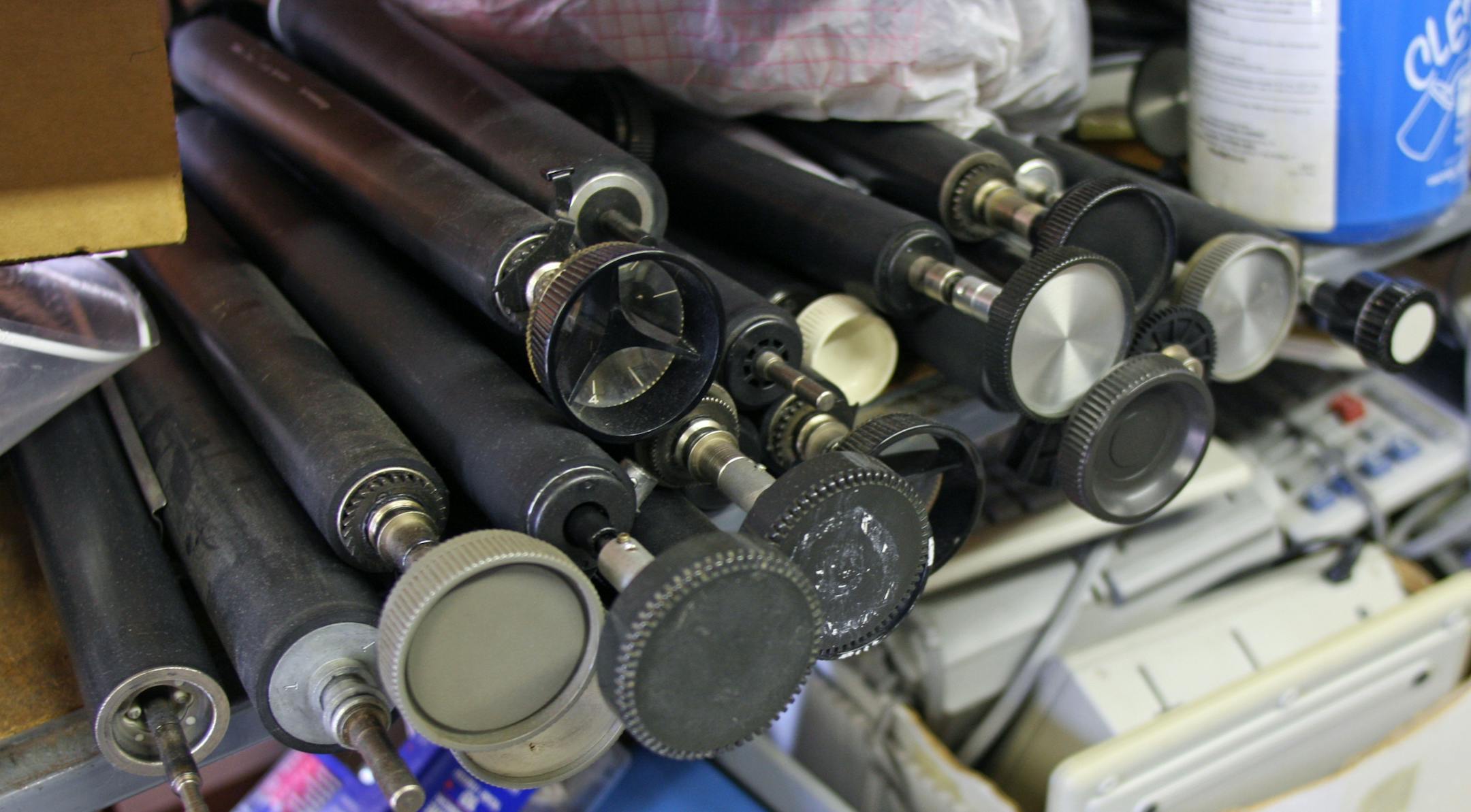 Rollers and other typewriter parts sit stacked up in Mark Soderbeck's shop.