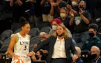 In the waning seconds of the game Minnesota Lynx guard Aerial Powers dribbled the ball while getting a pat from head coach Cheryl Reeve during the Lyn