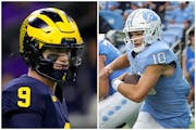 In search of a quarterback in the upcoming draft, the Vikings have their eyes on J.J. McCarthy of Michigan, left, and Drake Maye of North Carolina.